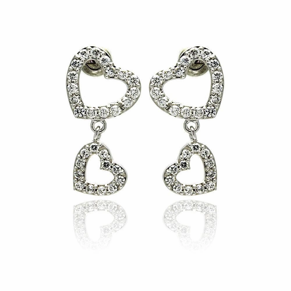 Silver 925 Rhodium Plated Heart CZ Dangling Earrings - STE00240