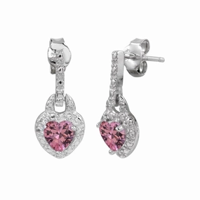 Silver 925 Rhodium Plated Heart Shaped Pink CZ Dangling Earrings - STE00104PNK