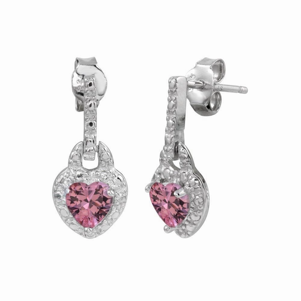 Silver 925 Rhodium Plated Heart Shaped Pink CZ Dangling Earrings - STE00104PNK
