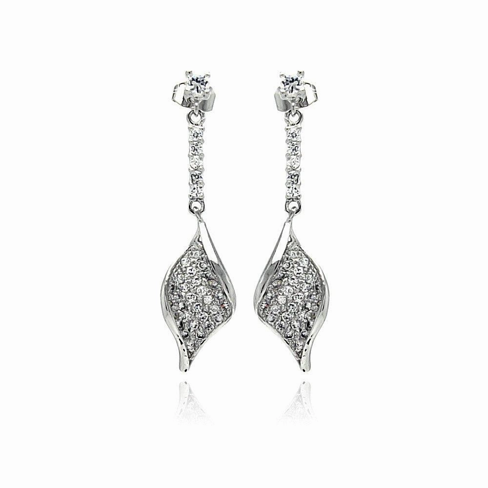 Silver 925 Rhodium Plated Leaf CZ Inlay Dangling Stud Earrings - BGE00269