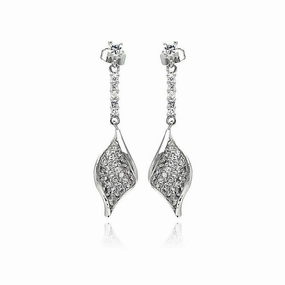 Silver 925 Rhodium Plated Leaf CZ Inlay Dangling Stud Earrings - BGE00269
