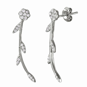 Silver 925 Rhodium Plated Long Stem Flower Earrings with CZ - STE01032