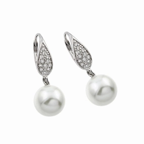 Silver 925 Rhodium Plated Marquis CZ Hanging Pearl Leverback Earrings - BGE00418
