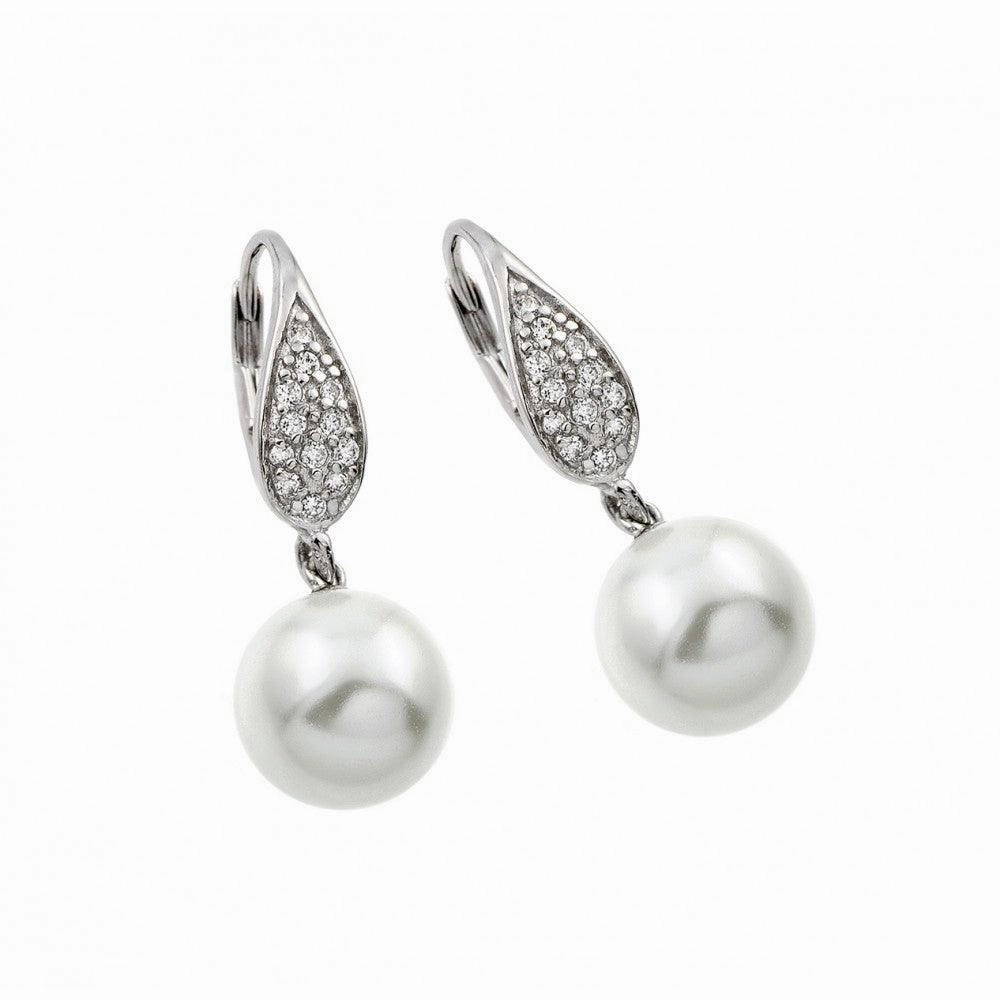Silver 925 Rhodium Plated Marquis CZ Hanging Pearl Leverback Earrings - BGE00418