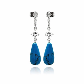 Silver 925 Rhodium Plated Micro Pave CZ Teardrop Turquoise Dangling Stud Earrings - BGE00258