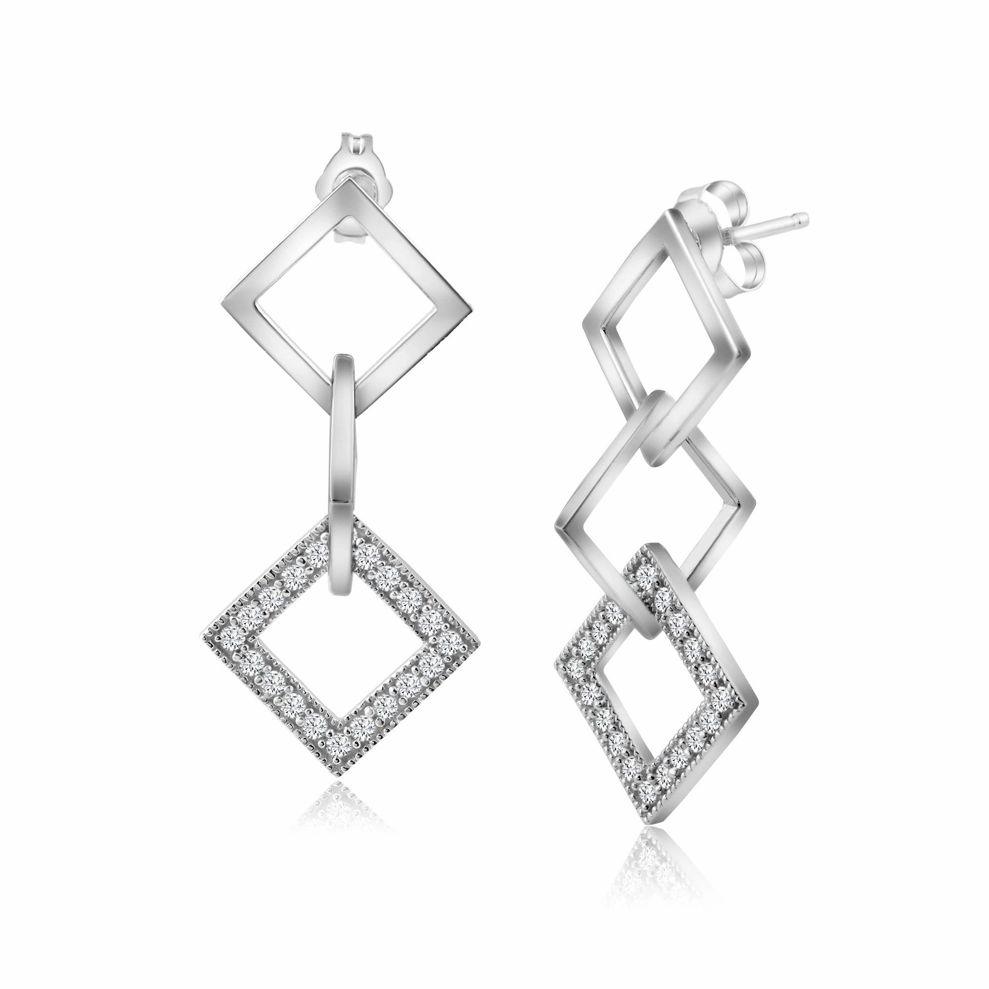 Silver 925 Rhodium Plated Micro Pave Multiple Square Clear CZ Dangling Earrings - ACE00011