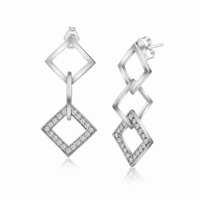 Silver 925 Rhodium Plated Micro Pave Multiple Square Clear CZ Dangling Earrings - ACE00011