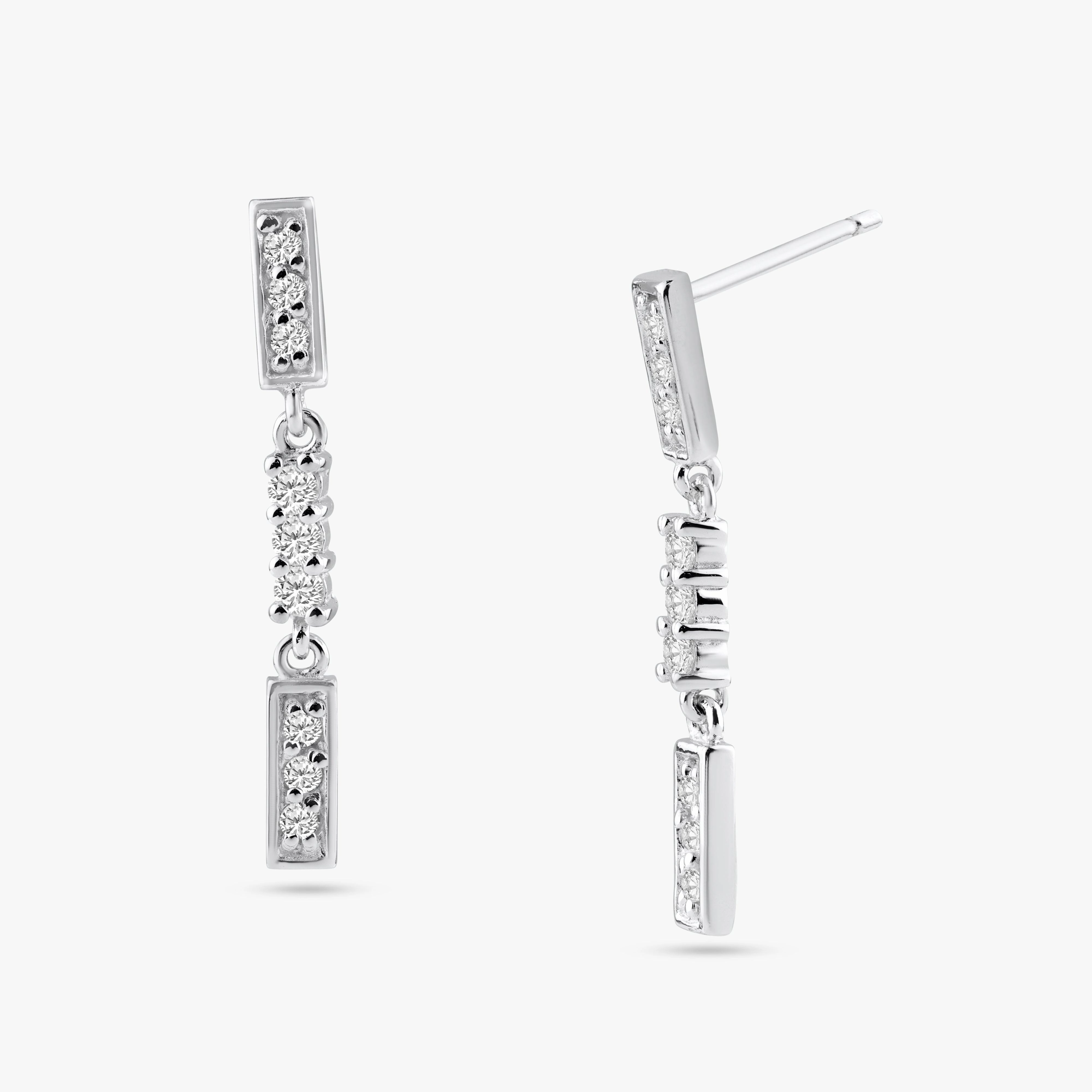 Silver 925 Rhodium Plated Multiple Channel Round CZ Dangling Earrings - BGE00218