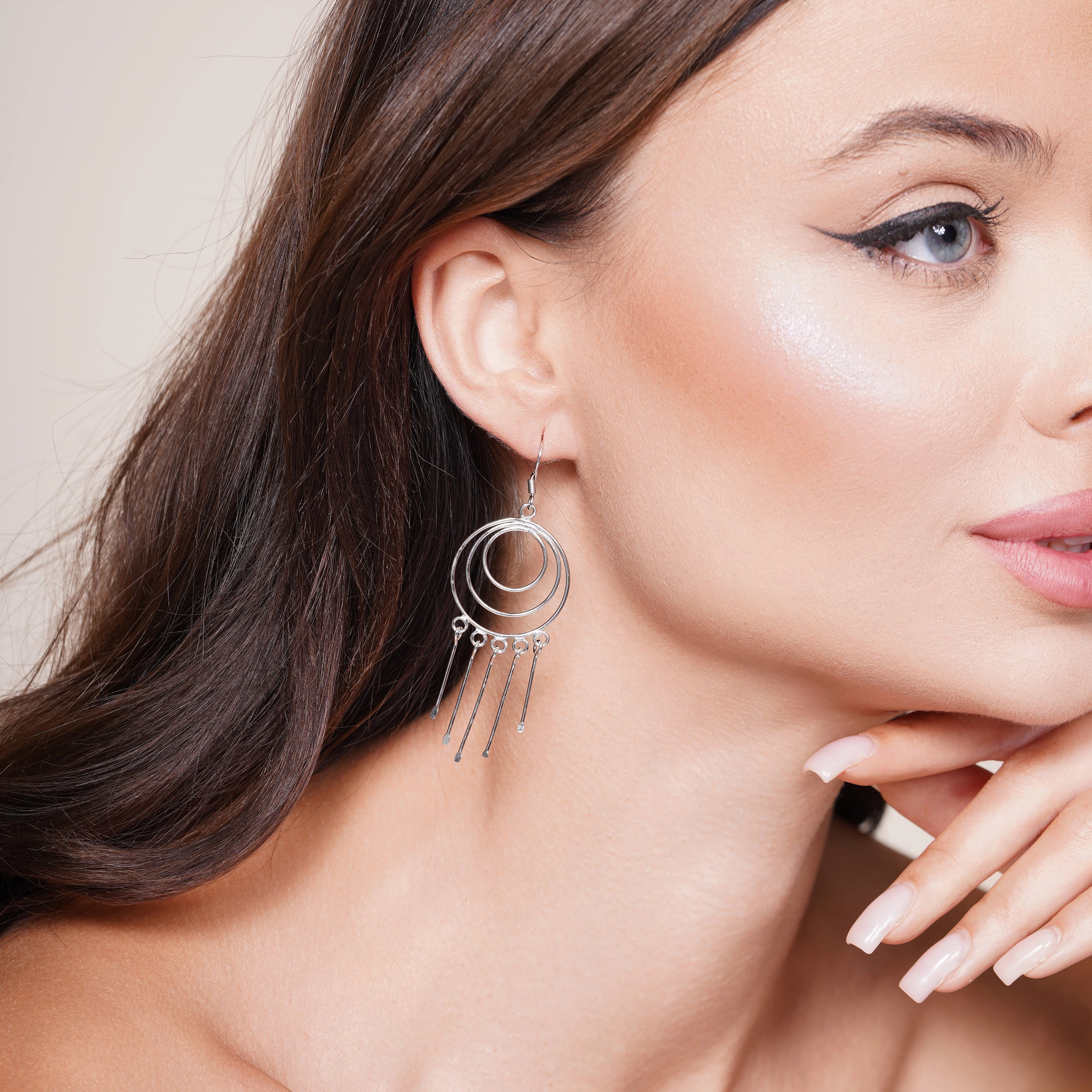 Silver 925 Rhodium Plated Multiple Graduated Open Circle Wire Dangling Hanging Teardrop Hook Earrings - DSE00019
