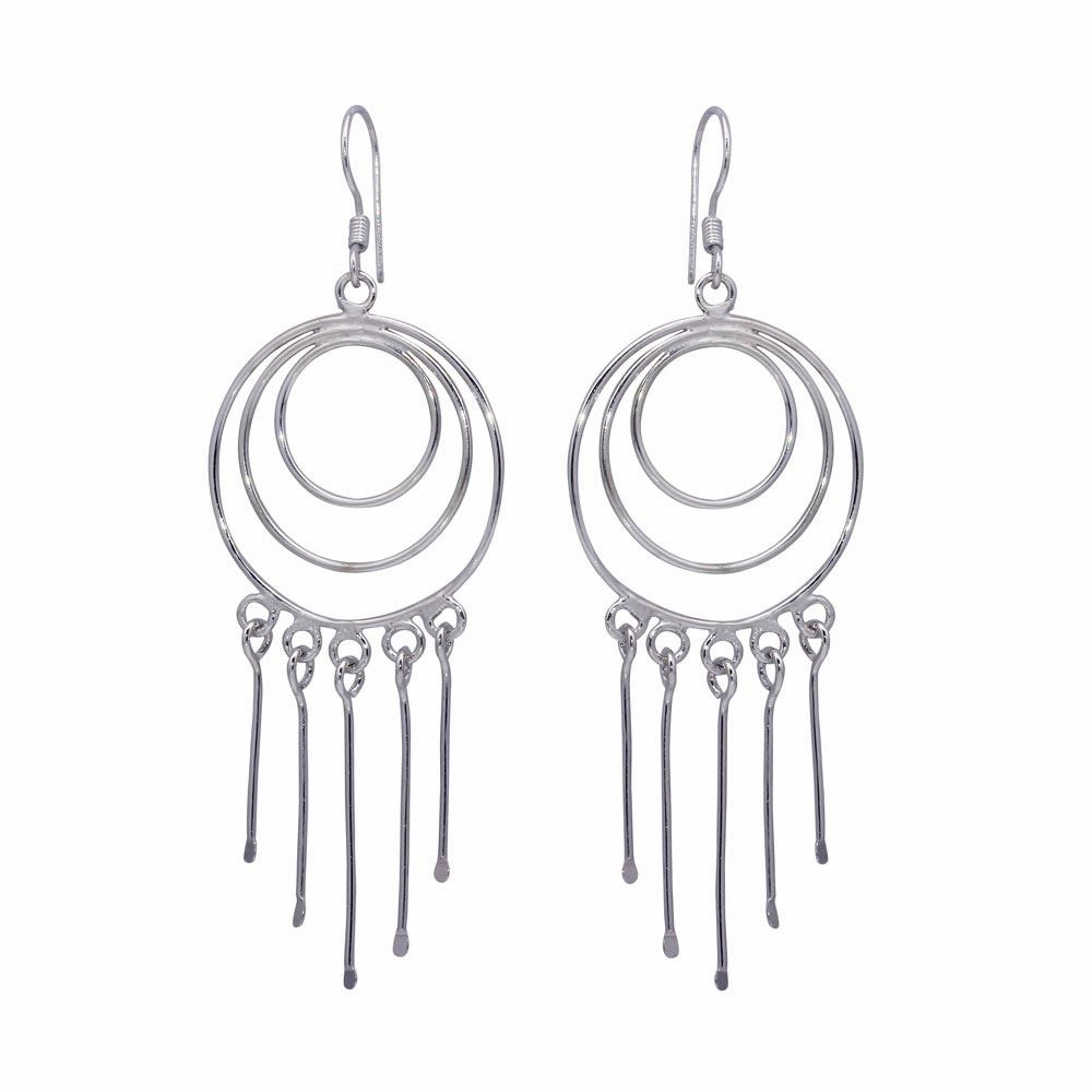 Silver 925 Rhodium Plated Multiple Graduated Open Circle Wire Dangling Hanging Teardrop Hook Earrings - DSE00019
