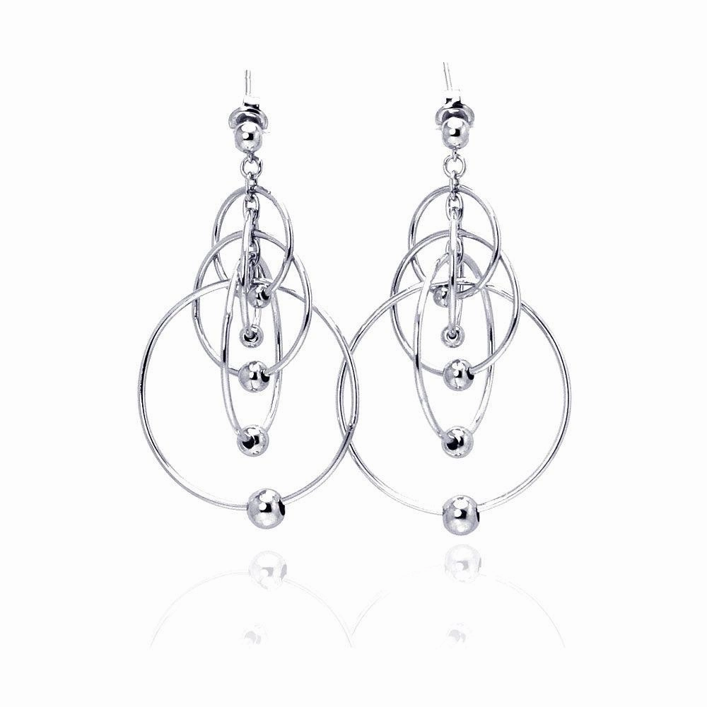 Silver 925 Rhodium Plated Multiple Graduated Open Circles Hanging Ball Chandelier Hook Earrings - DSE00024