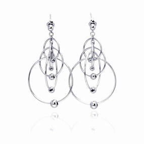 Silver 925 Rhodium Plated Multiple Graduated Open Circles Hanging Ball Chandelier Hook Earrings - DSE00024