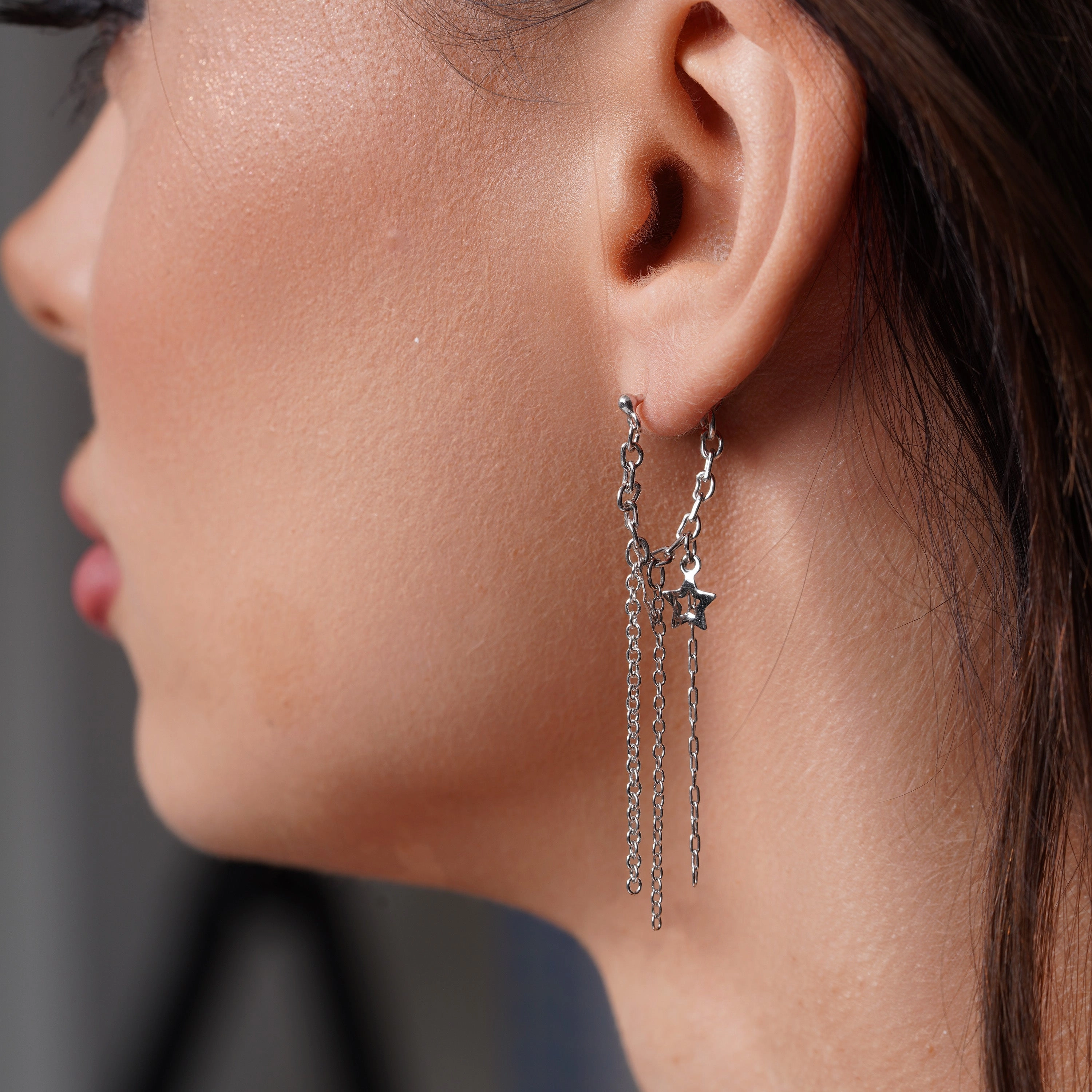 Silver 925 Rhodium Plated Multiple Wire Dangling Open Star Stud Earrings - DSE00027