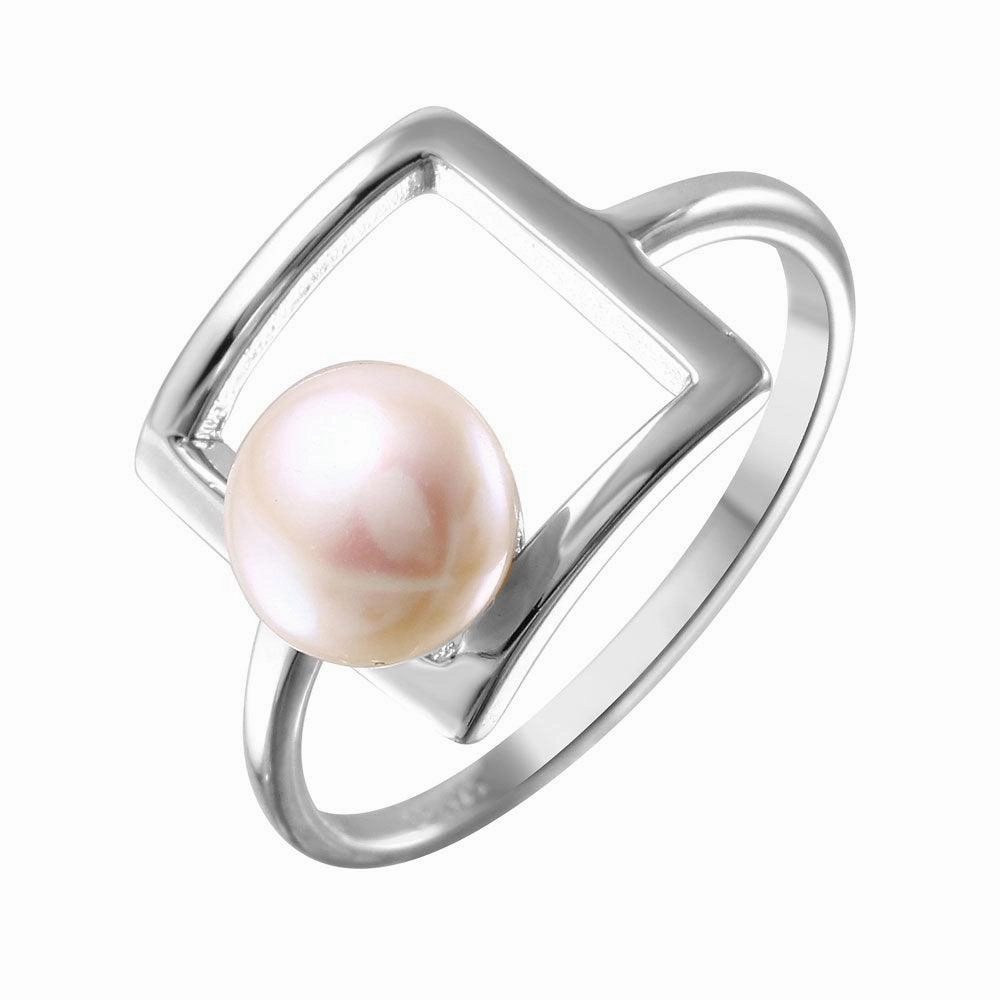 Silver 925 Rhodium Plated Open Square Synthetic Pearl Ring - STR01038