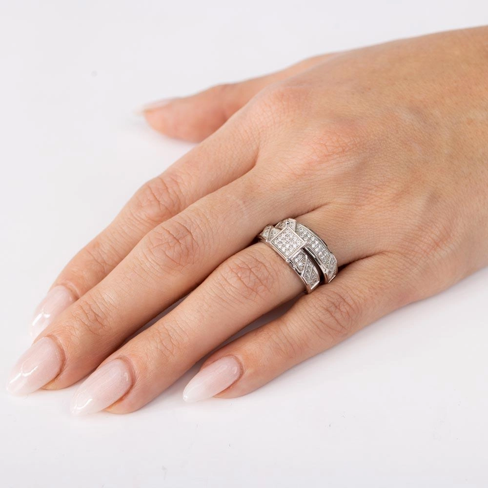 Silver 925 Rhodium Plated Square Pave Center Trio Bridal Ring - GMR00150