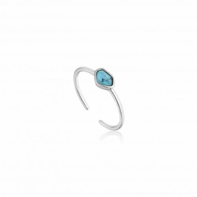 Silver Rhodium Plated Turquoise Adjustable Ring R014-01H