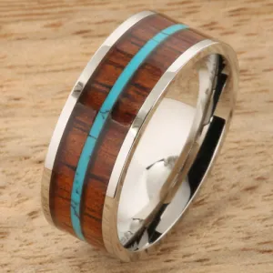 Stainless Steel Natural Koa Wood and Turquoise Triple Row Flat Wedding Ring 8mm