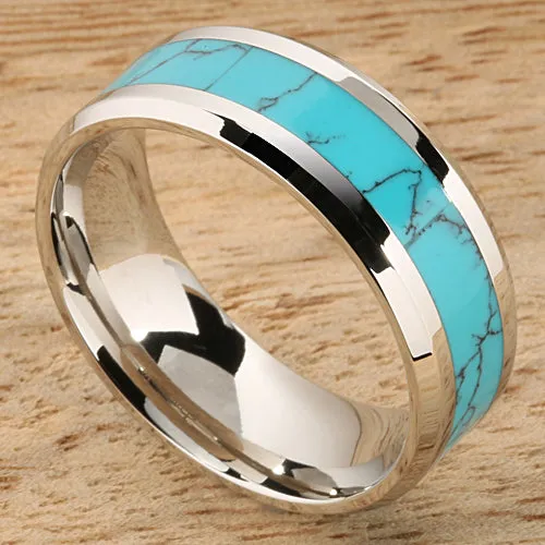 Stainless Steel Turquoise Inlaid Beveled Edge Wedding Ring 8mm