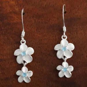 Sterling Silver 10-8mm Plumeria with Blue CZ Hook Earrings