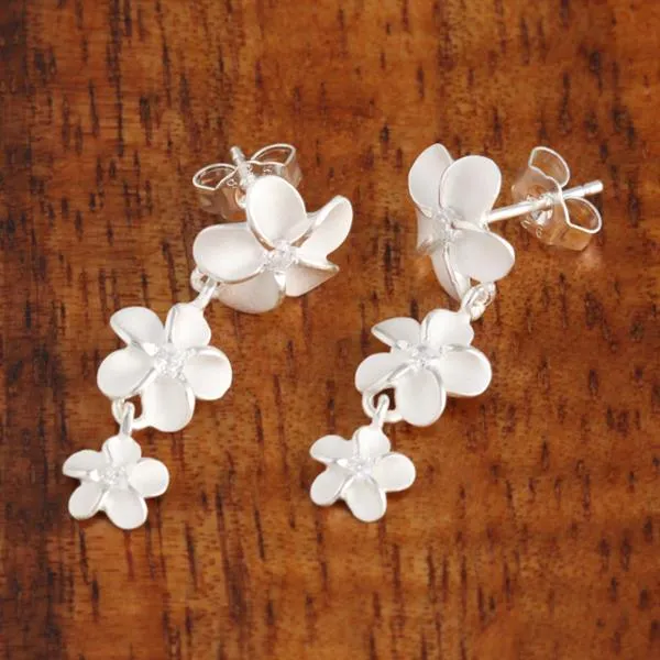 Sterling Silver 12-10-8mm Plumeria with CZ Post Earrings