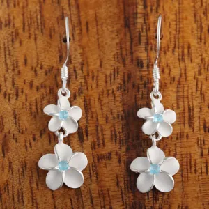Sterling Silver 6-8mm Plumeria with Blue CZ Hook Earrings