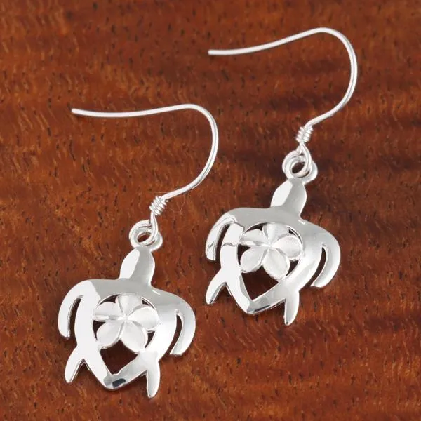Sterling Silver 6mm Plumeria with CZ in Honu (Hawaiian Turtle) Hook Earrings