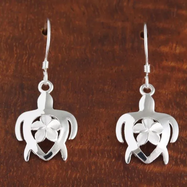 Sterling Silver 6mm Plumeria with CZ in Honu (Hawaiian Turtle) Hook Earrings