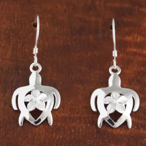Sterling Silver 6mm Plumeria with CZ in Honu (Hawaiian Turtle) Hook Earrings