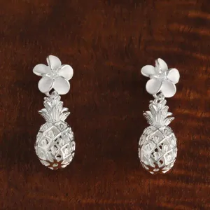 Sterling Silver 8mm Plumeria with CZ and Pineapple Post Earrings