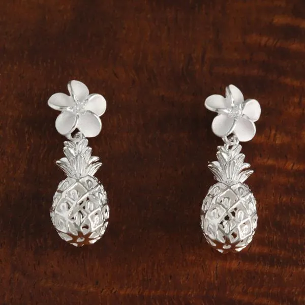 Sterling Silver 8mm Plumeria with CZ and Pineapple Post Earrings