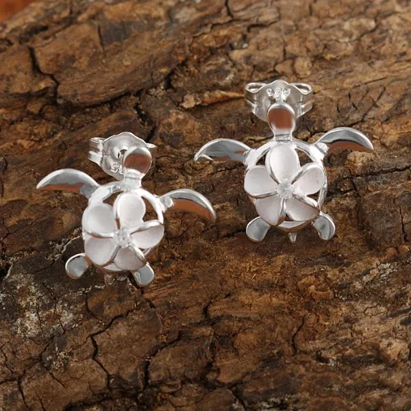 Sterling Silver 8mm Plumeria with CZ on Honu (Hawaiian Turtle) Post Earrings