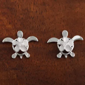 Sterling Silver 8mm Plumeria with CZ on Honu (Hawaiian Turtle) Post Earrings