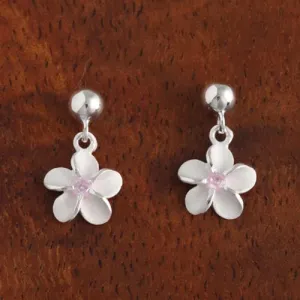 Sterling Silver 8mm Plumeria with Pink CZ and Bead Post Earrings