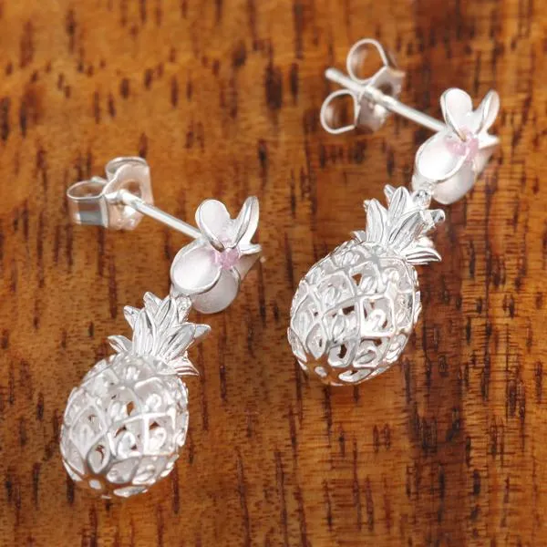 Sterling Silver 8mm Plumeria with Pink CZ and Pineapple Post Earrings