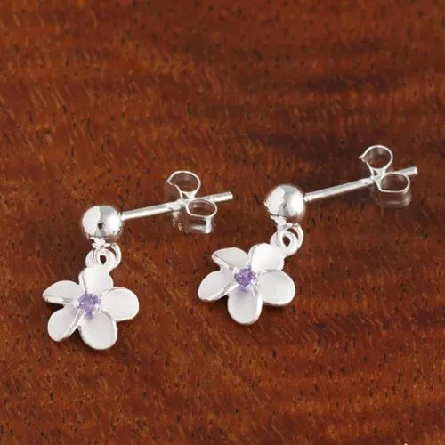 Sterling Silver 8mm Plumeria with Purple CZ and Bead Post Earrings