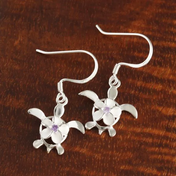 Sterling Silver 8mm Plumeria with Purple CZ on Honu (Hawaiian Turtle) Hook Earrings