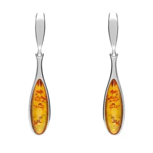 Sterling Silver Amber Long Slim Pear Drop Stud Earrings