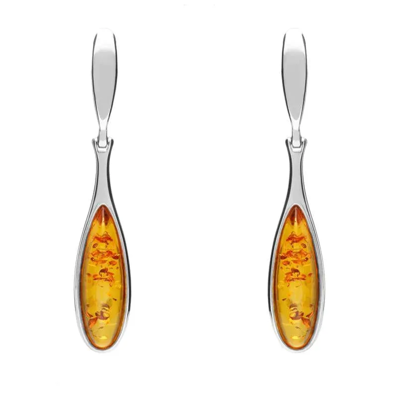 Sterling Silver Amber Long Slim Pear Drop Stud Earrings