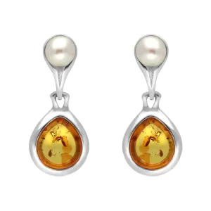Sterling Silver Amber Pearl Drop Earrings