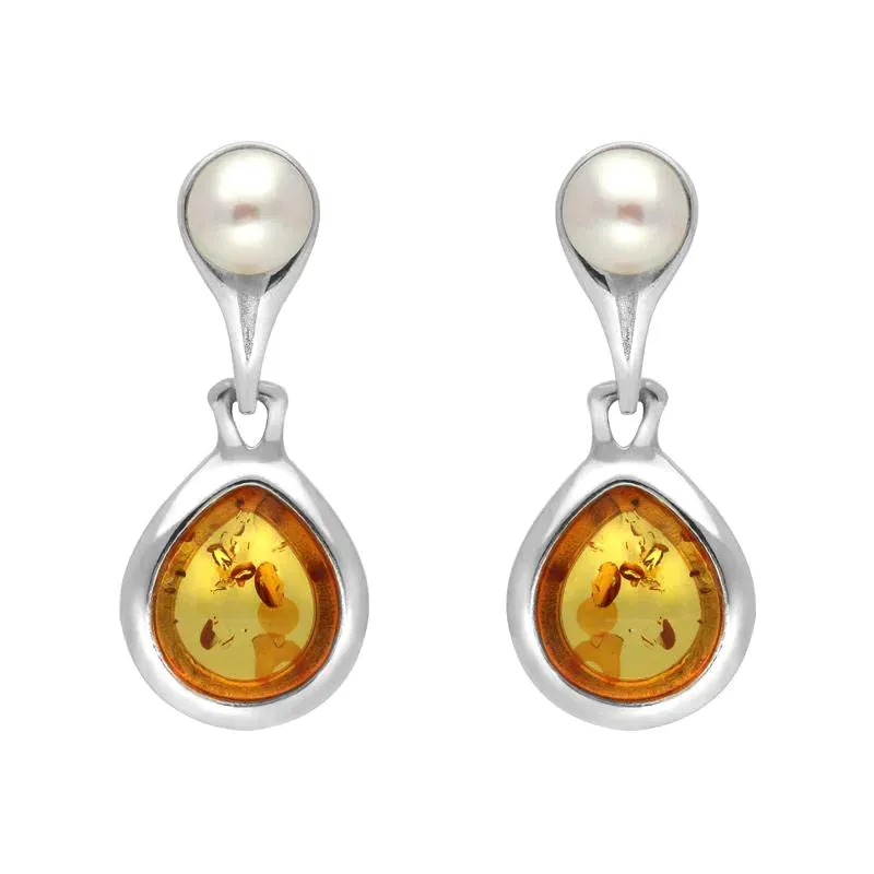 Sterling Silver Amber Pearl Drop Earrings