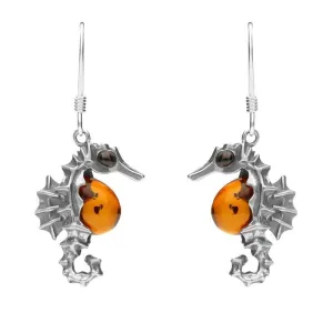 Sterling Silver Amber Seahorse Drop Earrings