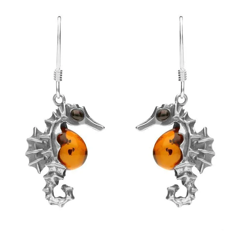 Sterling Silver Amber Seahorse Drop Earrings
