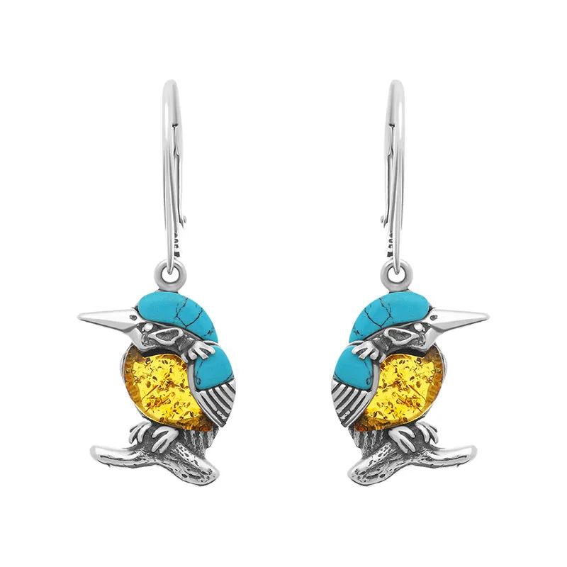 Sterling Silver Amber Turquoise Kingfisher Small Hook Drop Earrings