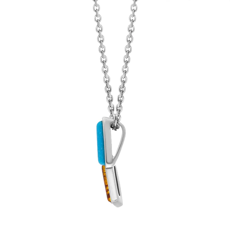 Sterling Silver Amber Turquoise Oblong Two Stone Necklace D