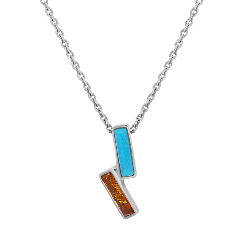Sterling Silver Amber Turquoise Oblong Two Stone Necklace D