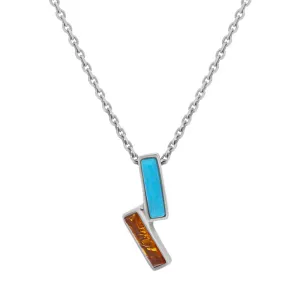 Sterling Silver Amber Turquoise Oblong Two Stone Necklace D