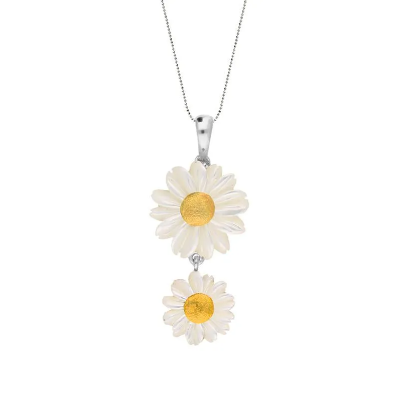Sterling Silver and Yellow Gold White Mother Of Pearl Tuberose Twin Daisy Necklace