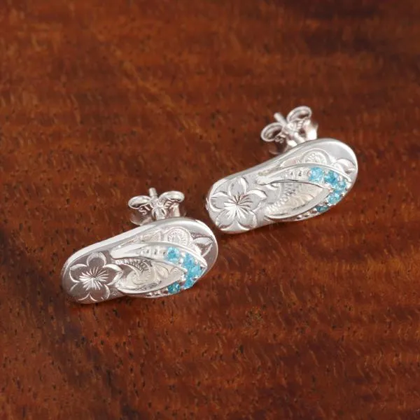 Sterling Silver Blue CZ Strap Hawaiian Scroll Slipper Post Earrings