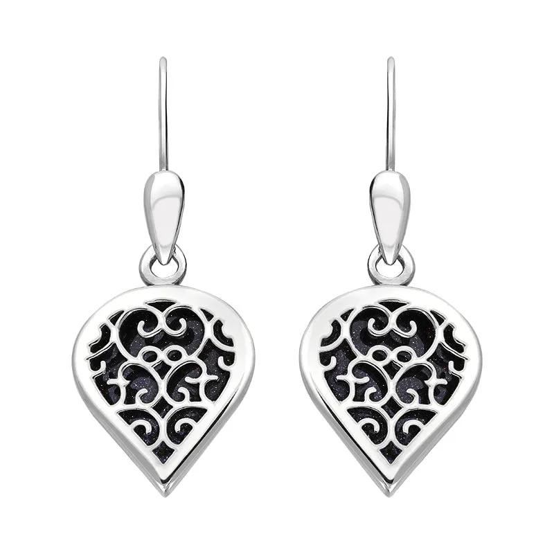 Sterling Silver Blue Goldstone Flore Filigree Heart Drop Earrings