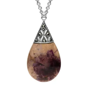 Sterling Silver Blue John Marcasite Capped Pear Drop Necklace